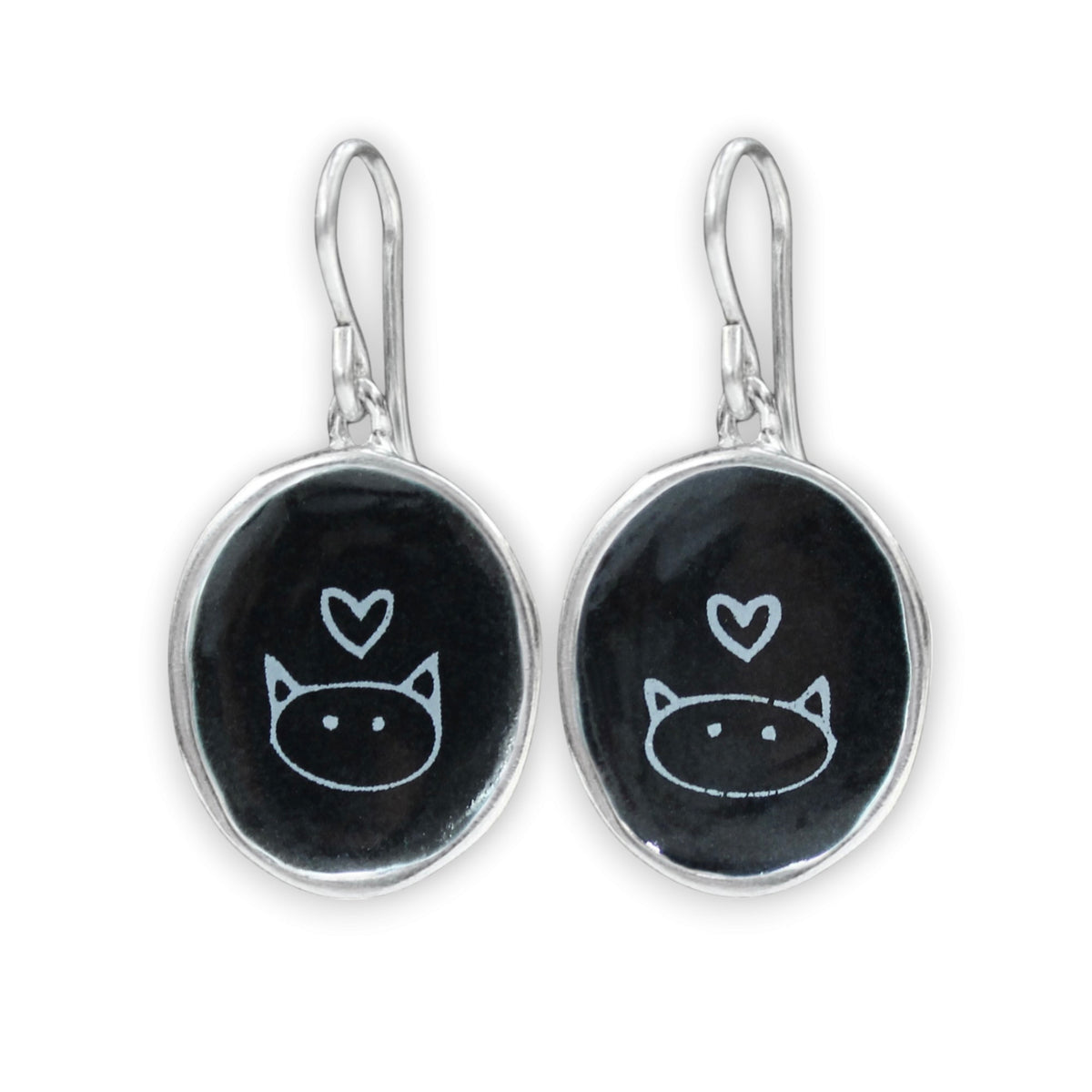 Black and White Cat Earrings in Sterling Silver and Enamel