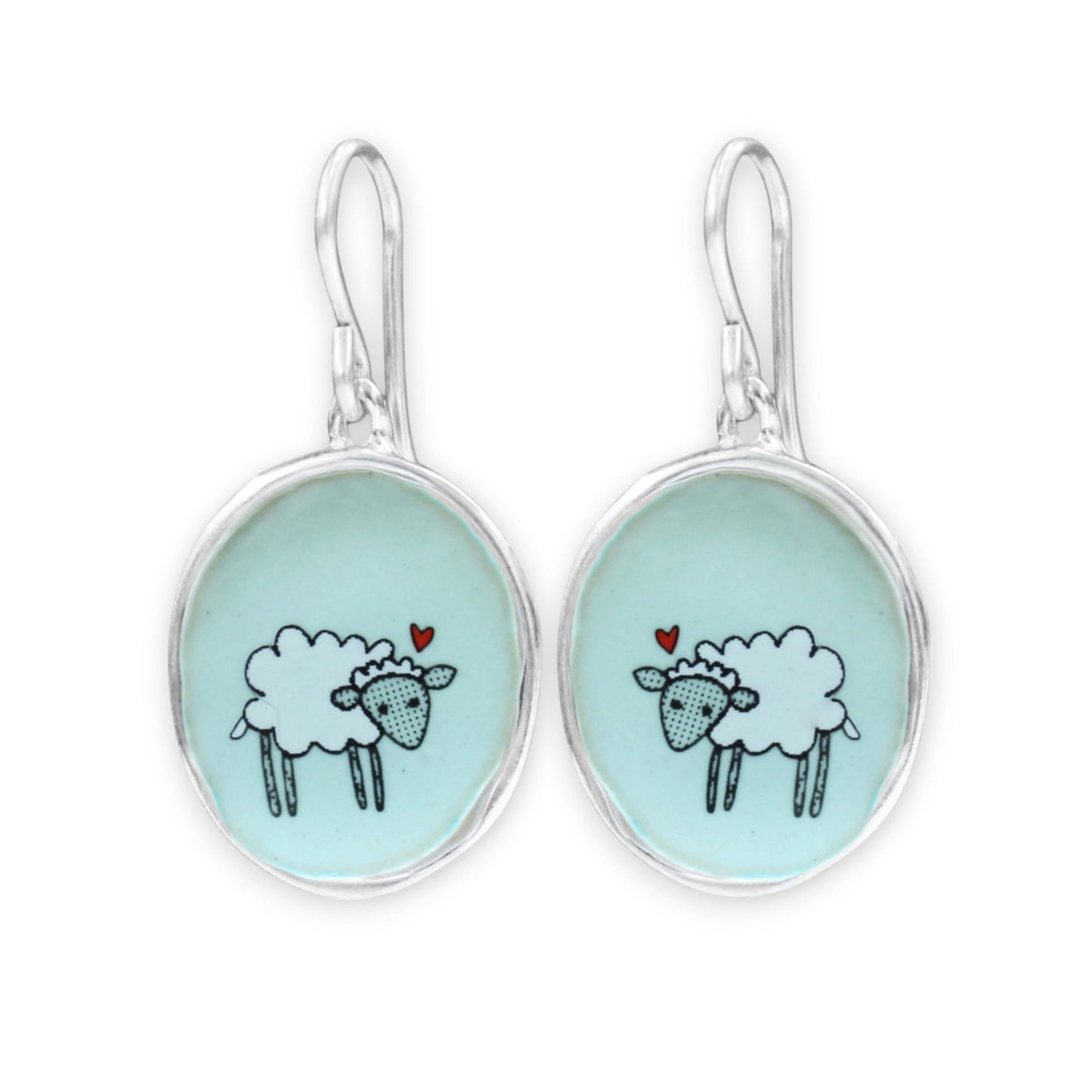 Little Sheep Earrings on Robin's Egg Blue Enamel and Sterling Silver Dangle Earrings