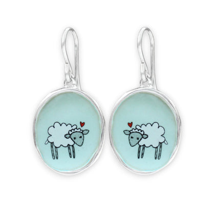 Little Sheep Earrings on Robin's Egg Blue Enamel and Sterling Silver Dangle Earrings