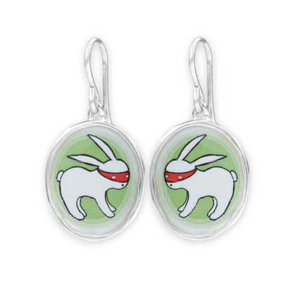 Sterling Silver Ninja Bunny Earrings: Enamel Dangles