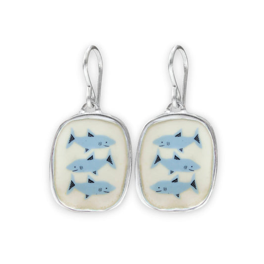 Three Sharks Dangle Earrings in Sterling Silver and Enamel