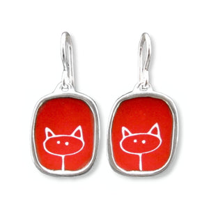 Sterling Silver and Enamel Red Kitty Earrings
