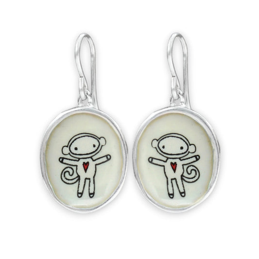Sterling Silver Sock Monkey Earrings: Enamel Dangles