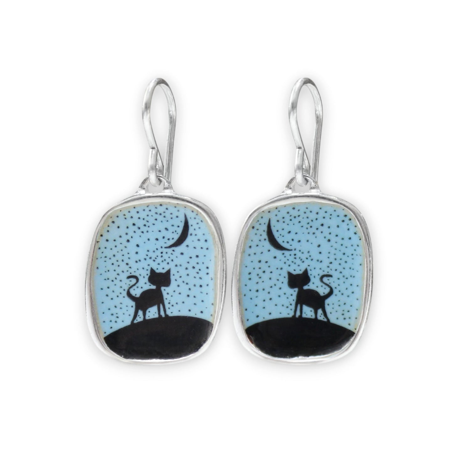 Night Cat Silhouette Earrings - Sterling Silver and Enamel Jewelry