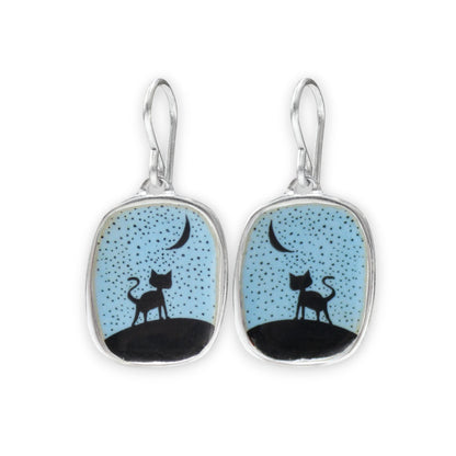 Night Cat Silhouette Earrings - Sterling Silver and Enamel Jewelry