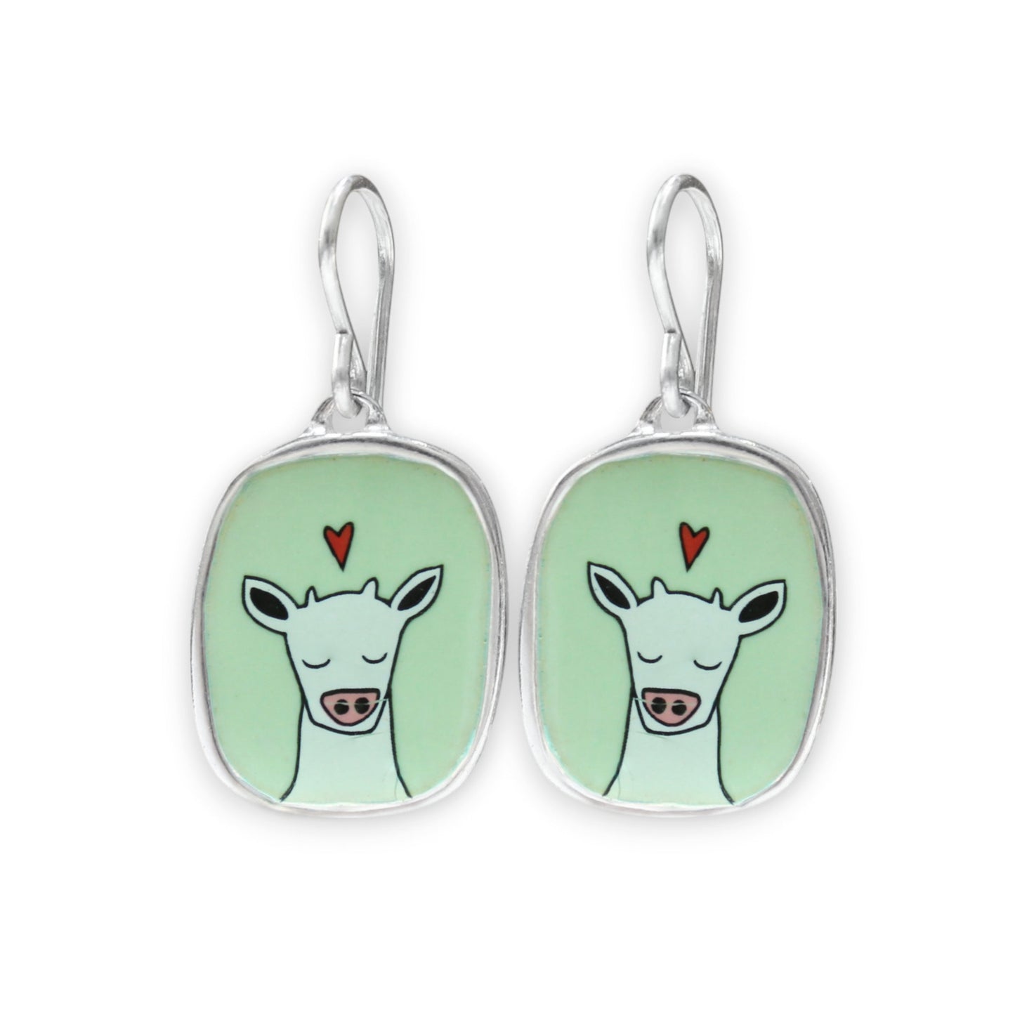 Sweet Cow on Green Enamel and Sterling Silver Dangle Earrings