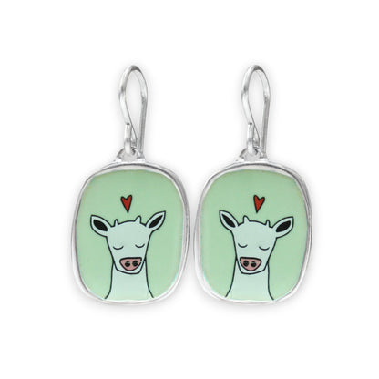 Sweet Cow on Green Enamel and Sterling Silver Dangle Earrings