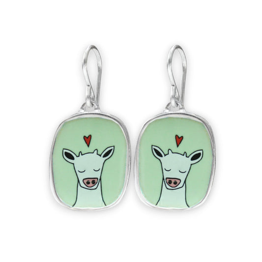 Sweet Cow on Green Enamel and Sterling Silver Dangle Earrings