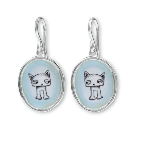 Weird Cat Earrings - Sterling Silver and Vitreous Enamel Cats with Side Eye Glance - Dangle Cat Jewelry