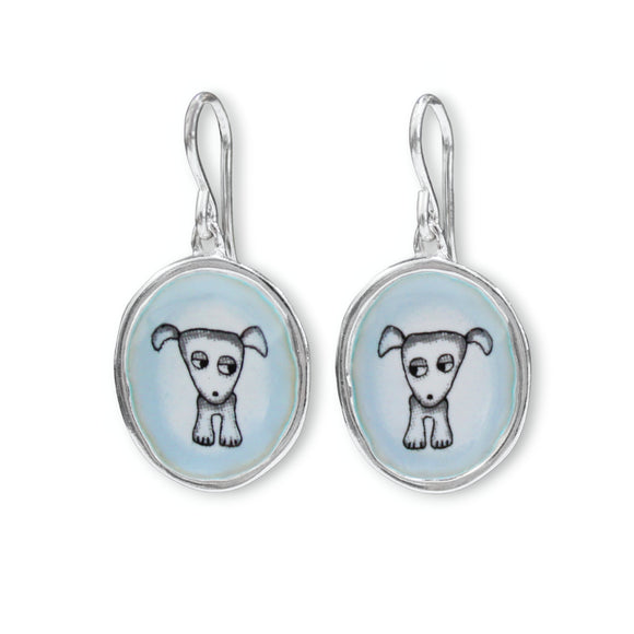 Dog Earrings - Sterling Silver and Vitreous Enamel Dogs with Side Eye Glance - Dangle Dog Jewelry