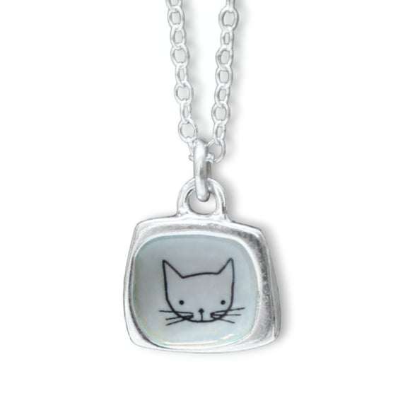 Teeny Tiny Enamel and Sterling Silver Grey Cat Necklace on Adjustable Serling Chain - Cat Jewelry
