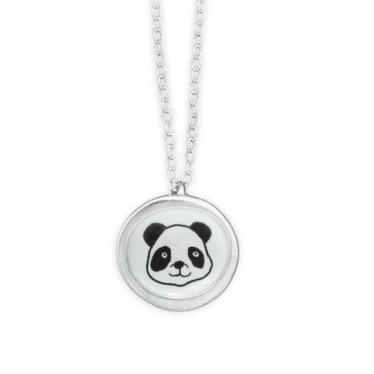 Panda Head Necklace - Sterling Silver and Enamel Pendant on Adjustable Chain - Gifts for Panda Lovers!
