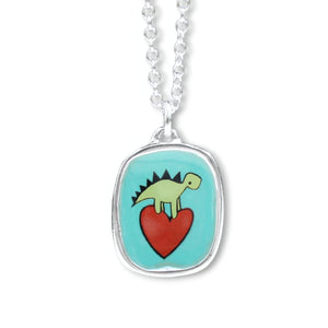Dinosaur Love Necklace - Cute Sterling Silver and Enamel Stegosaurus Charm Pendant on Adjustable Sterling Chain -