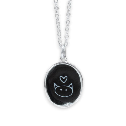 Black and White Cat Necklace in Sterling Silver and Enamel