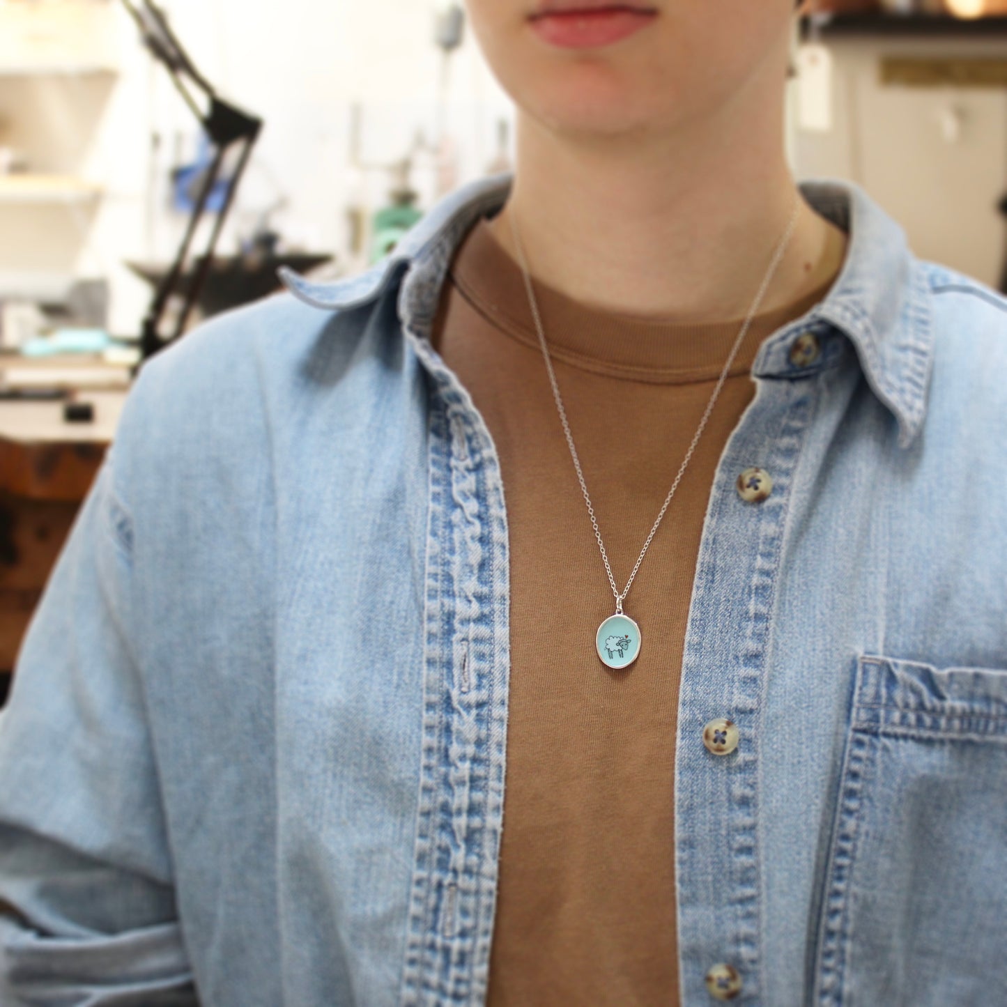 Little Sheep on Robin's Egg Blue Enamel and Sterling Silver Necklace