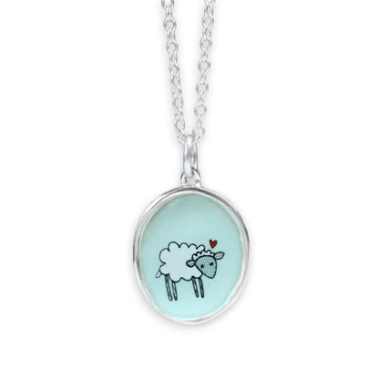 Little Sheep on Robin's Egg Blue Enamel and Sterling Silver Necklace