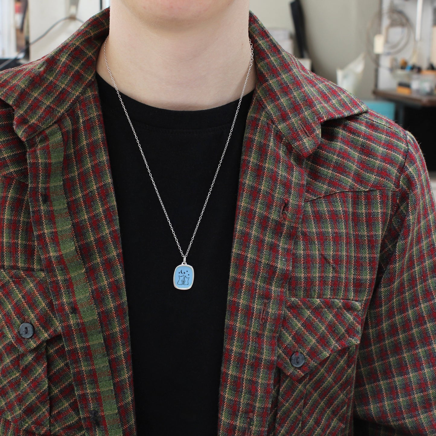 Blue Star Cat Necklace - Sterling Silver and Vitreous Enamel Kitty Pendant on Adjustable Sterling Chain - Stargazing Cats Gift