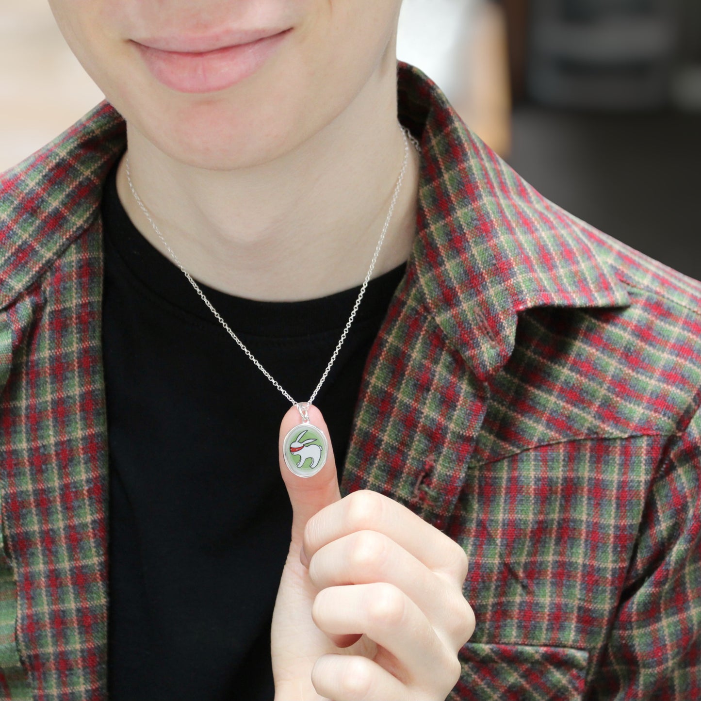 Sterling Silver Ninja Bunny Necklace: Enamel Pendant