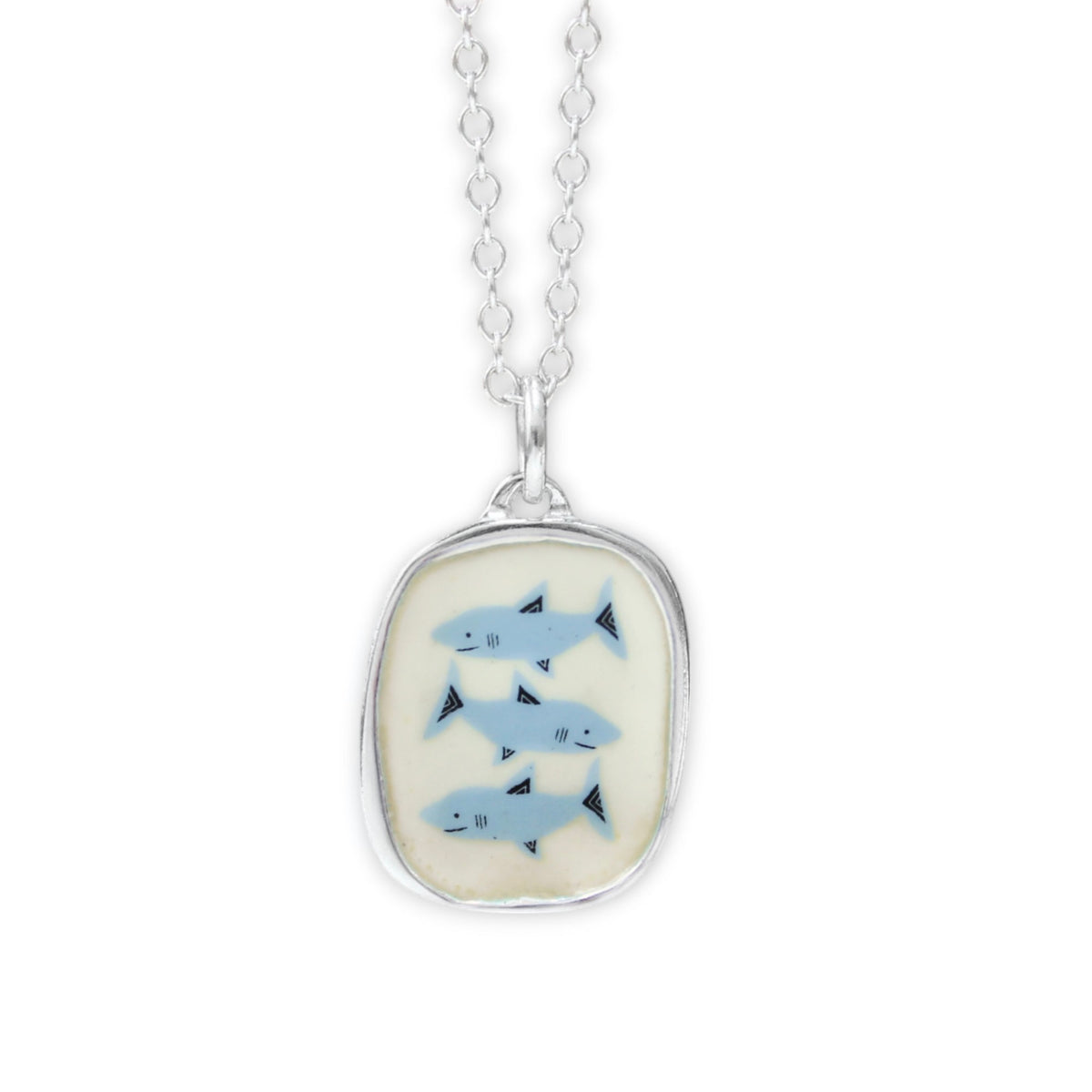 Three Sharks Pendant Necklace in Sterling Silver and Enamel