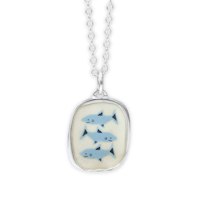 Three Sharks Pendant Necklace in Sterling Silver and Enamel