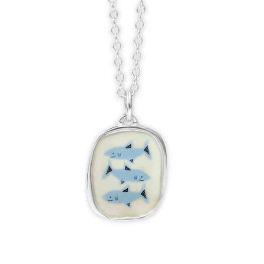 Three Sharks Pendant Necklace in Sterling Silver and Enamel