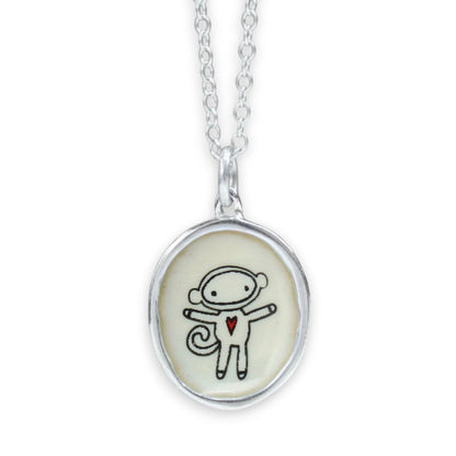 Sterling Silver Sock Monkey Necklace: Enamel Pendant