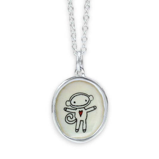 Sterling Silver Sock Monkey Necklace: Enamel Pendant