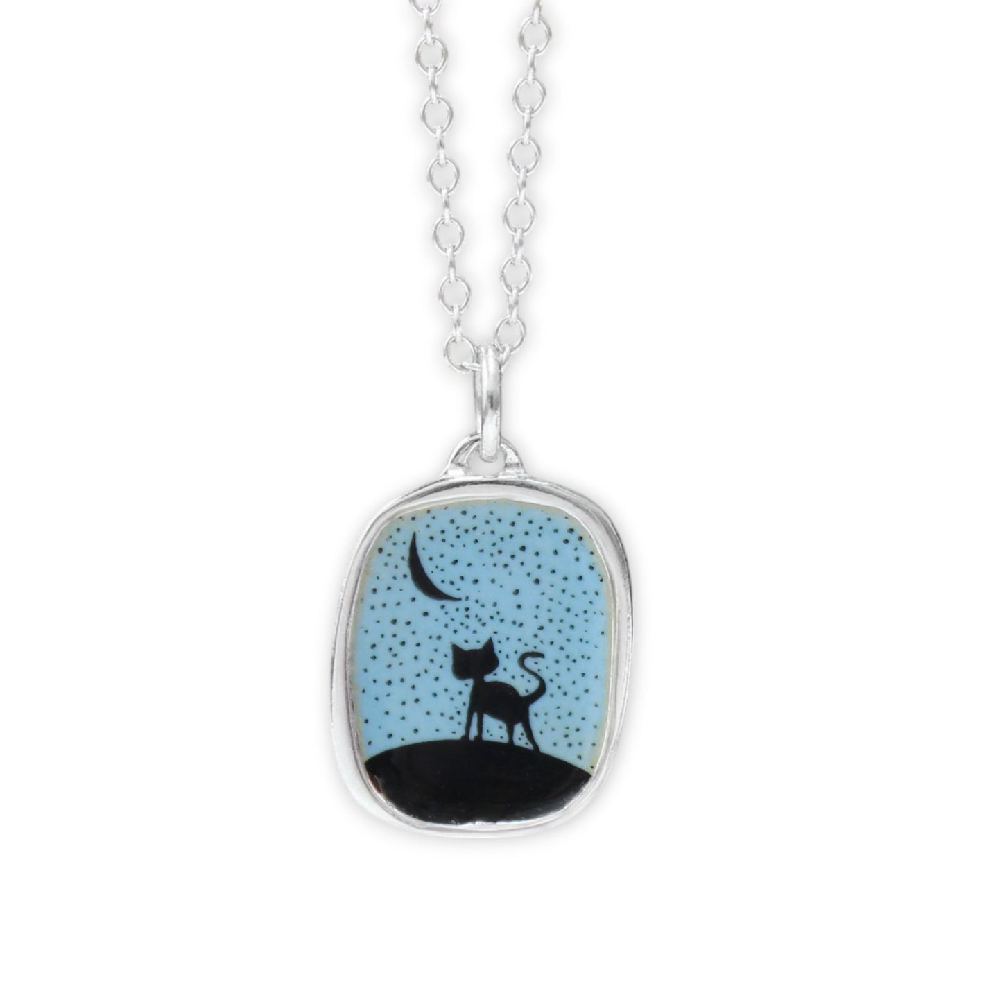 Night Cat Silhouette Pendant - Sterling Silver and Enamel Necklace