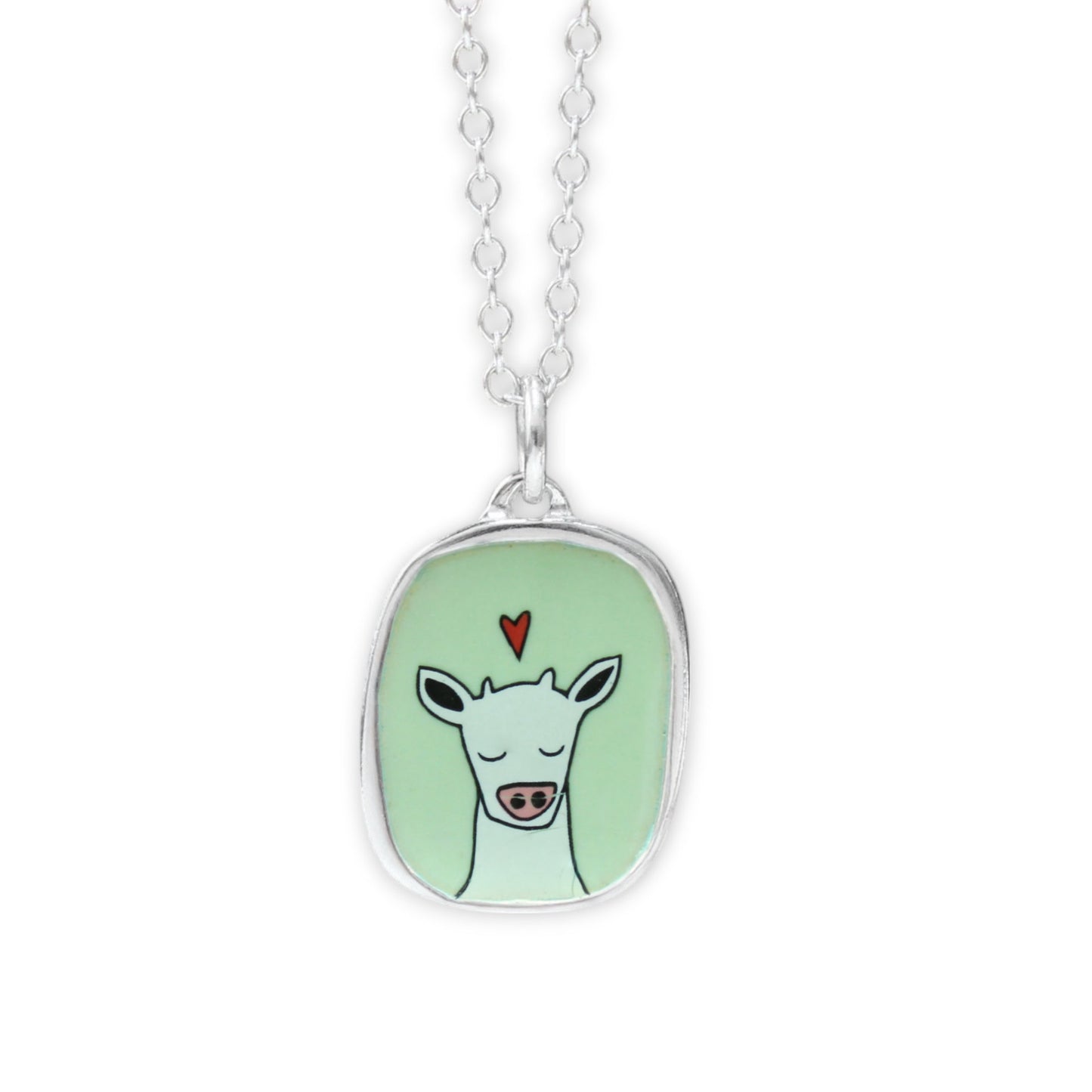 Sweet Cow on Green Sterling Silver and Enamel Pendant Necklace