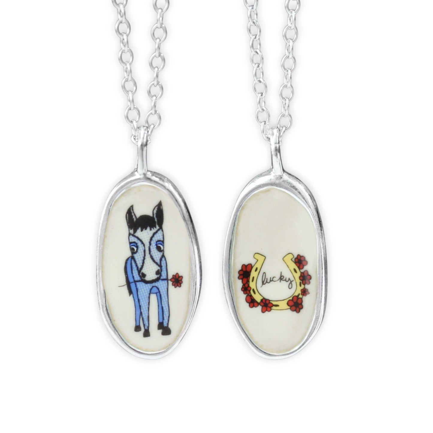 Reversible Oval Lucky Horse Necklace - Sterling Silver and Enamel Horse Pendant on Adjustable Chain