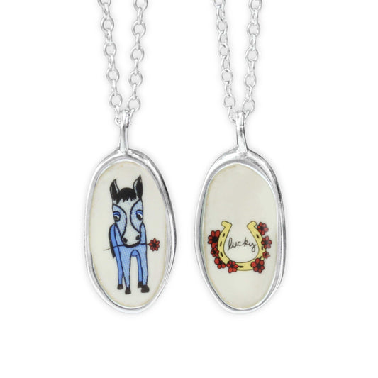 Reversible Oval Lucky Horse Necklace - Sterling Silver and Enamel Horse Pendant on Adjustable Chain