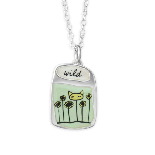 Wild Flower Cat Pendant Necklace in Green Enamel and Sterling Silver