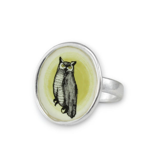 Owl Ring - Sterling and Enamel Statement Ring - Watchful Woodland Wisdom