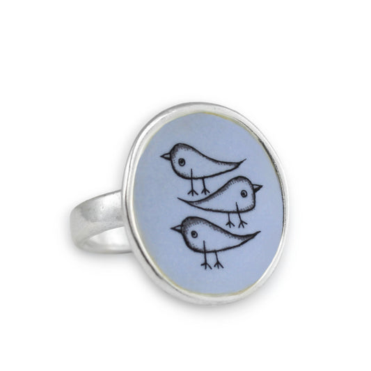 Three Birds Ring - Sterling and Enamel Statement Ring - Mid-Century Modern Style