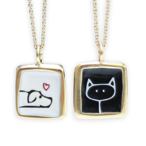 Gold Dog and Cat Necklace - Black and White Enamel Sterling Pendant on a Gold Filled Chain