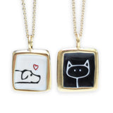 Gold Dog and Cat Necklace - Black and White Enamel Sterling Pendant on a Gold Filled Chain