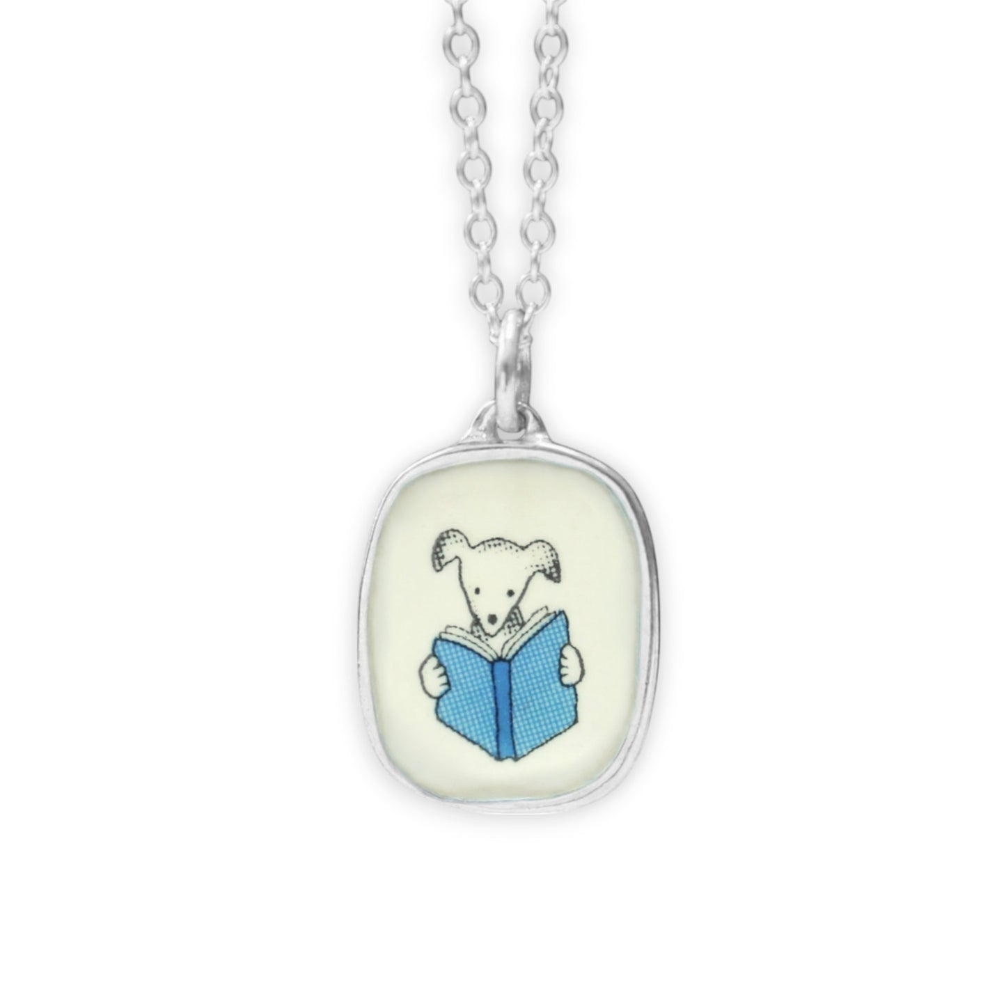 Book Dog Necklace - Sterling Silver and Enamel Dog Reading Pendant - Vintage Style Illustration