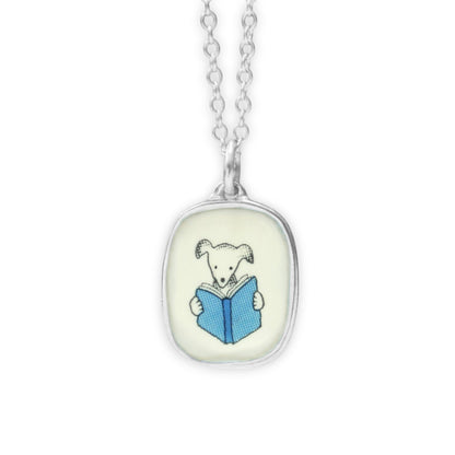 Book Dog Necklace - Sterling Silver and Enamel Dog Reading Pendant - Vintage Style Illustration