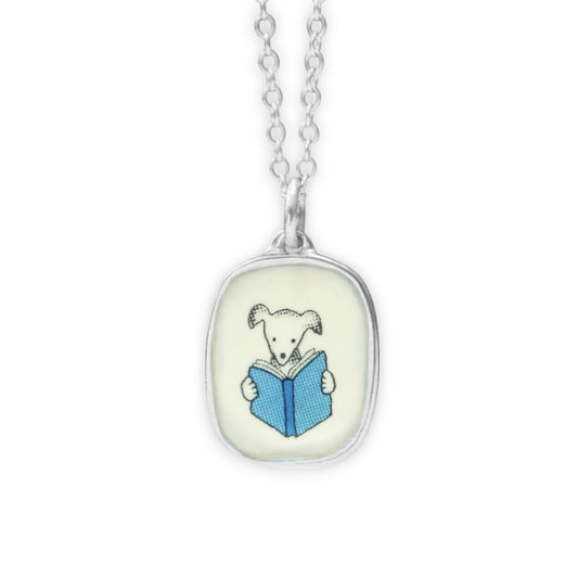 Book Dog Necklace - Sterling Silver and Enamel Dog Reading Pendant - Vintage Style Illustration