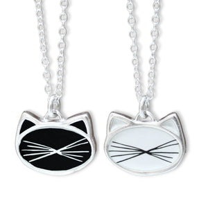 Black Cat White Cat Reversible Whiskers Pendant - Sterling Silver and Enamel - Cat Jewelry on Adjustable Chain