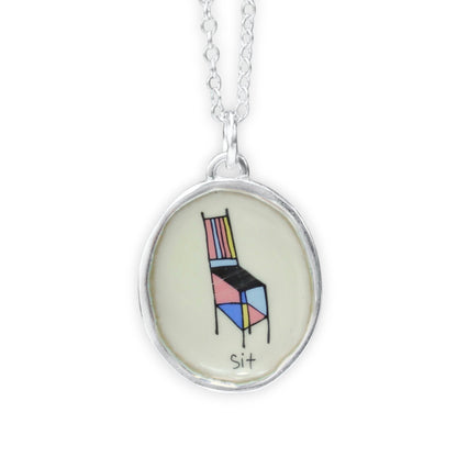 Sculptural Chair Illustration Sterling Silver and Enamel Pendant - "Sit" - Reminder to Relax