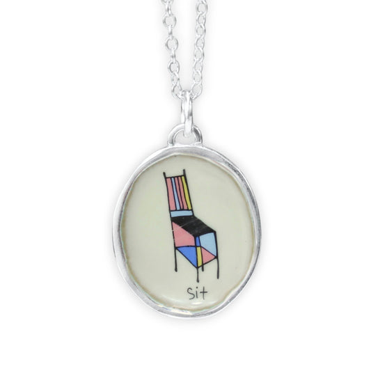 Sculptural Chair Illustration Sterling Silver and Enamel Pendant - "Sit" - Reminder to Relax