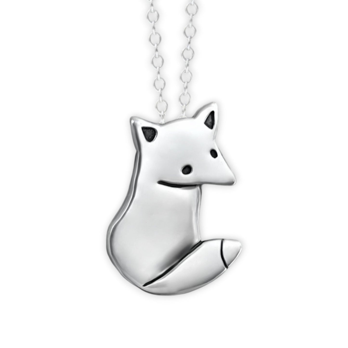 Silver fox pendant necklace on a white background