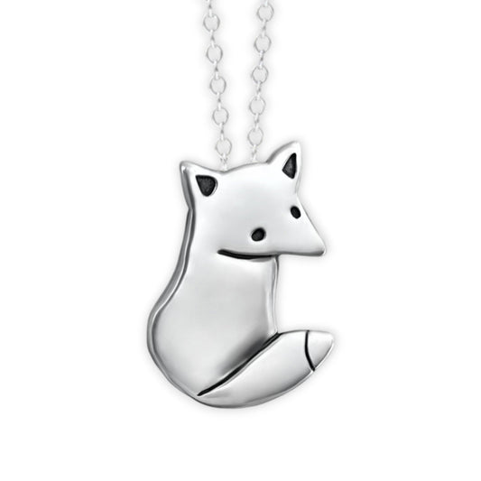 Silver fox pendant necklace on a white background