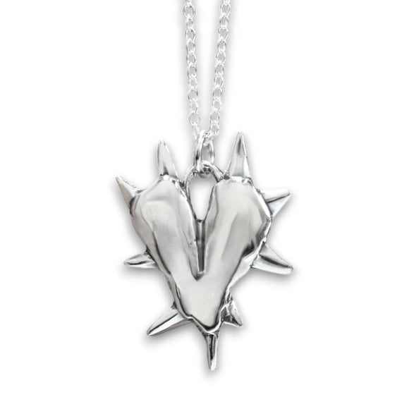 Sterling Silver Sacred Heart Pendant on Adjustable Chain - Spiked Heart Necklace - Protection Charm