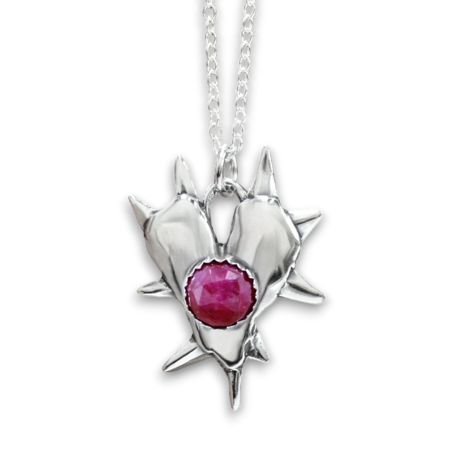 Spiked Heart Ruby Necklace - Rose Cut Ruby Gemstone Pendant - Whimsy Goth Charm