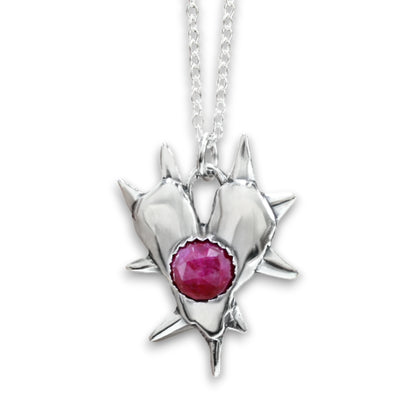 Spiked Heart Ruby Necklace - Rose Cut Ruby Gemstone Pendant - Whimsy Goth Charm