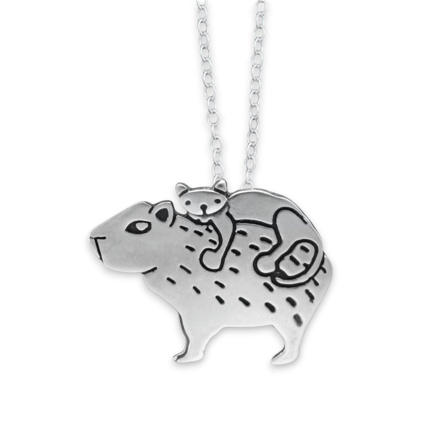 Sterling Silver Cat and Capybara Charm Necklace on Adjustable Chain