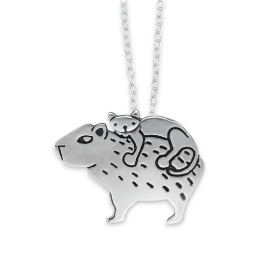 Sterling Silver Cat and Capybara Charm Necklace on Adjustable Chain