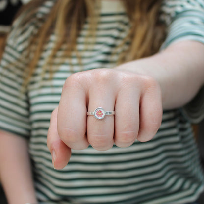 Tiny Pink Flower Stacker Ring - Sterling Silver and Enamel Dainty Daisy Ring